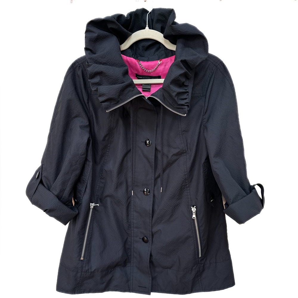 Marc by Marc Jakobs Black Rain Coat Lightweight Jacket Pink Lining Zip & Button